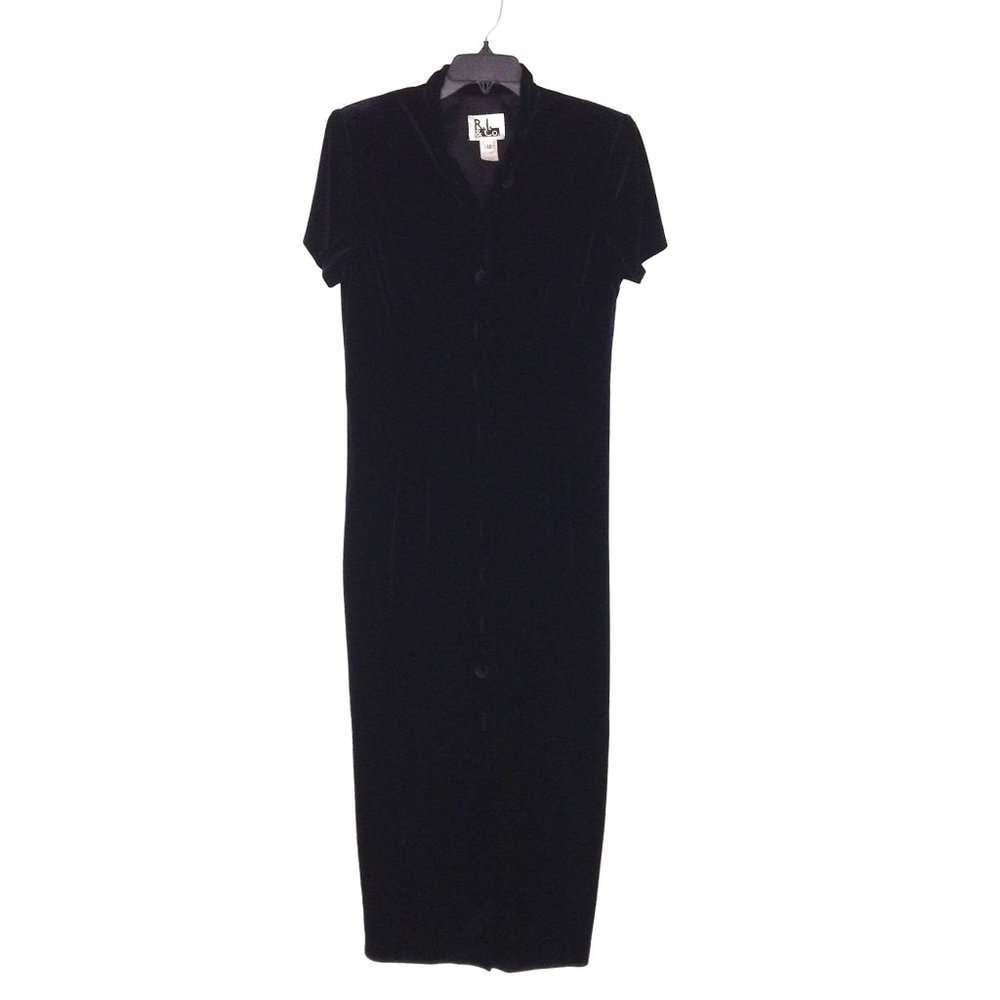 R.J. & Co. Maxi Dress Women Size 12 Black Short Sleeve Velour Button Front
